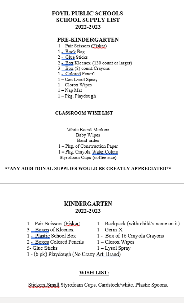 School supplies List 2022-2023